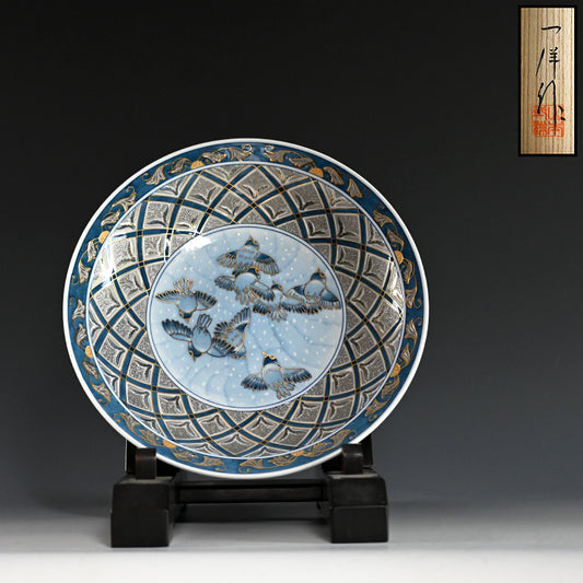 Exquisite Platinum Glaze Porcelain Plate  ―山本 一洋 "純プラチナ彩 福良雀"