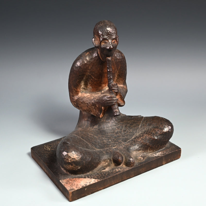 Signed Japanese Taisho p. Carved Wood Okimono, Man w/ flute