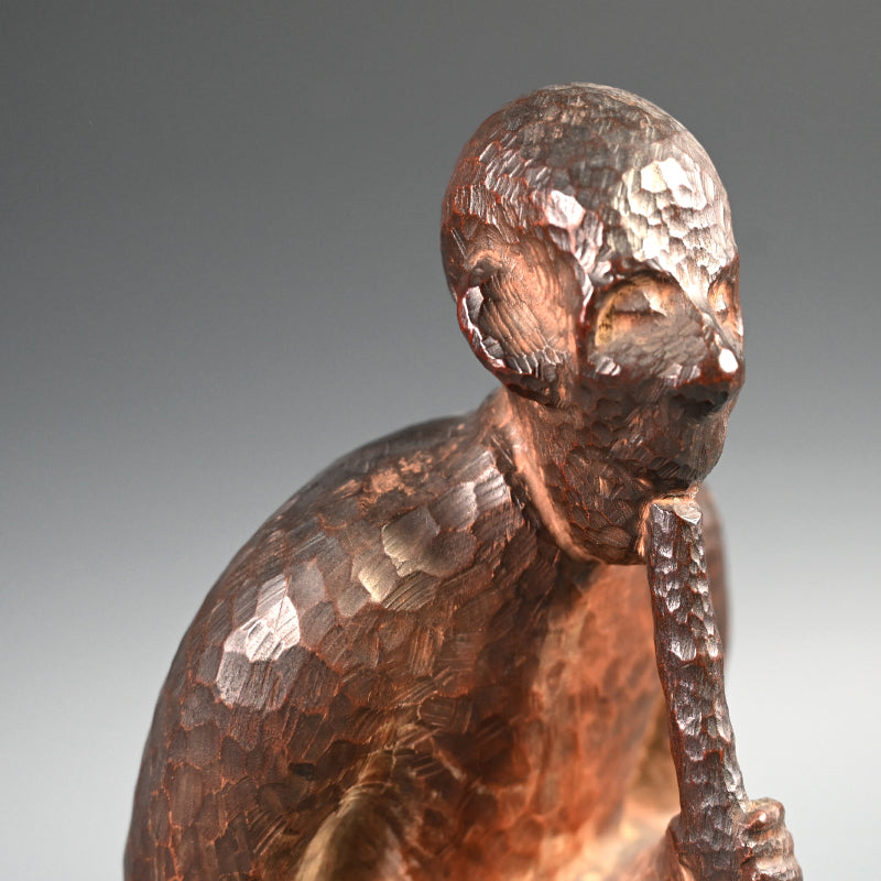 Signed Japanese Taisho p. Carved Wood Okimono, Man w/ flute