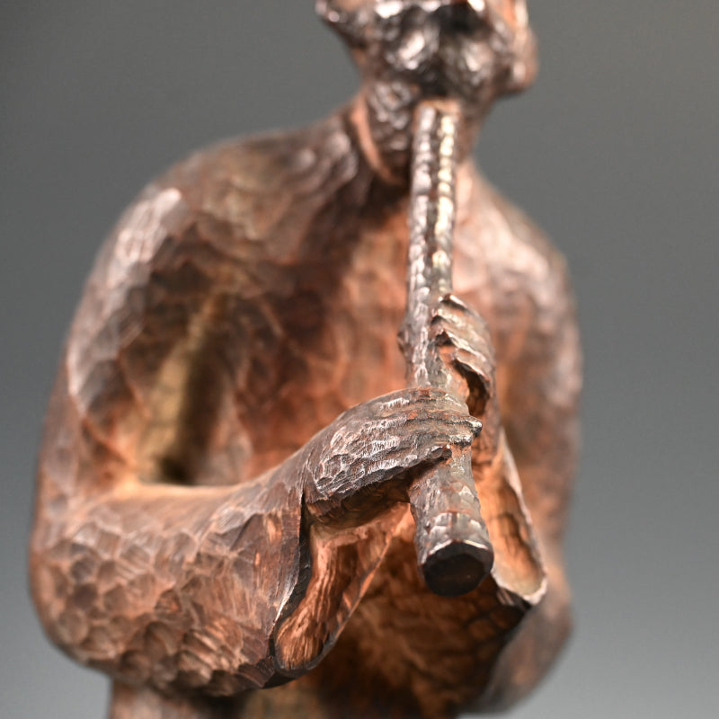Signed Japanese Taisho p. Carved Wood Okimono, Man w/ flute