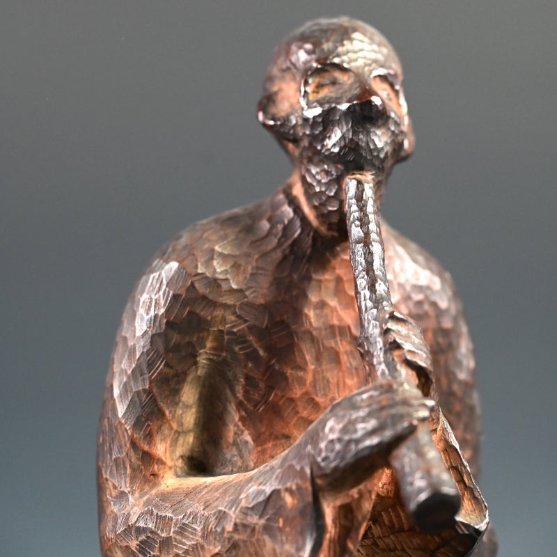 Signed Japanese Taisho p. Carved Wood Okimono, Man w/ flute