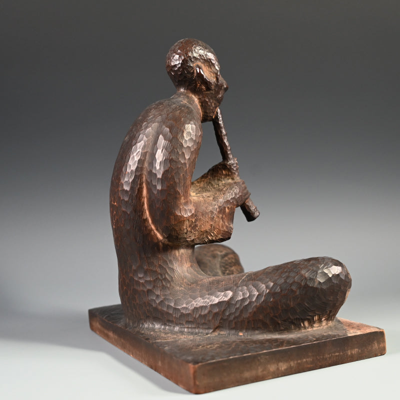 Signed Japanese Taisho p. Carved Wood Okimono, Man w/ flute