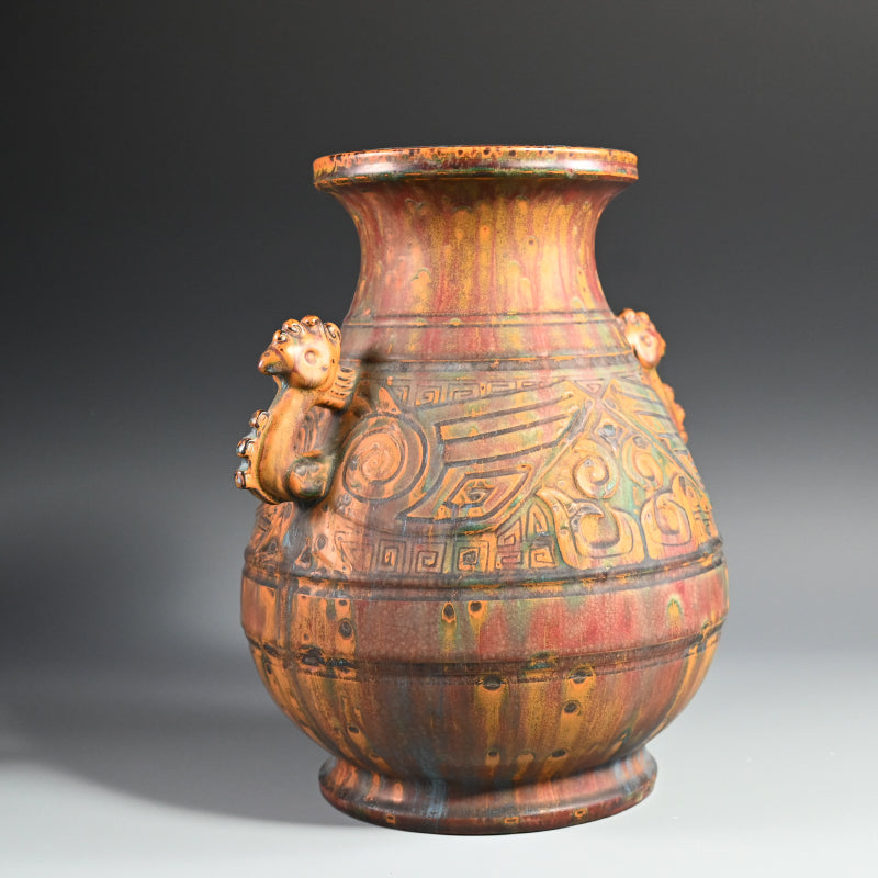 Antique Japanese Ceramic Vase Imitating Chinese Bronze Ware