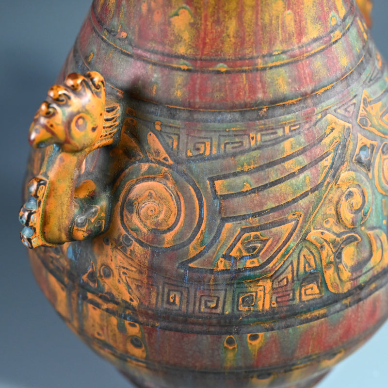 Antique Japanese Ceramic Vase Imitating Chinese Bronze Ware