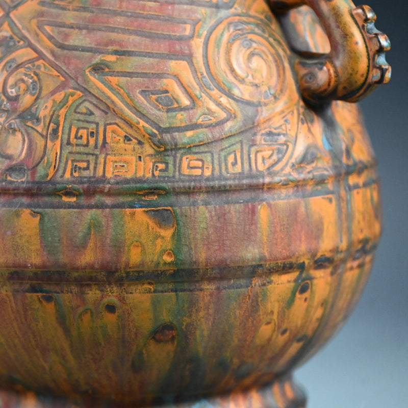 Antique Japanese Ceramic Vase Imitating Chinese Bronze Ware