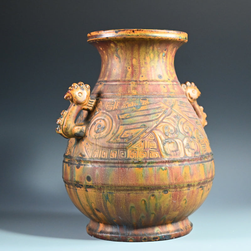 Antique Japanese Ceramic Vase Imitating Chinese Bronze Ware