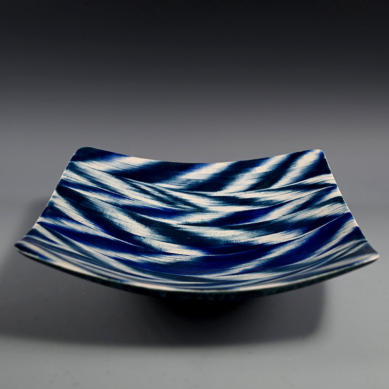 Award Winning & Exhibited Indigo Plate ー福島 寛子 “呉須絵矢絣文角皿”