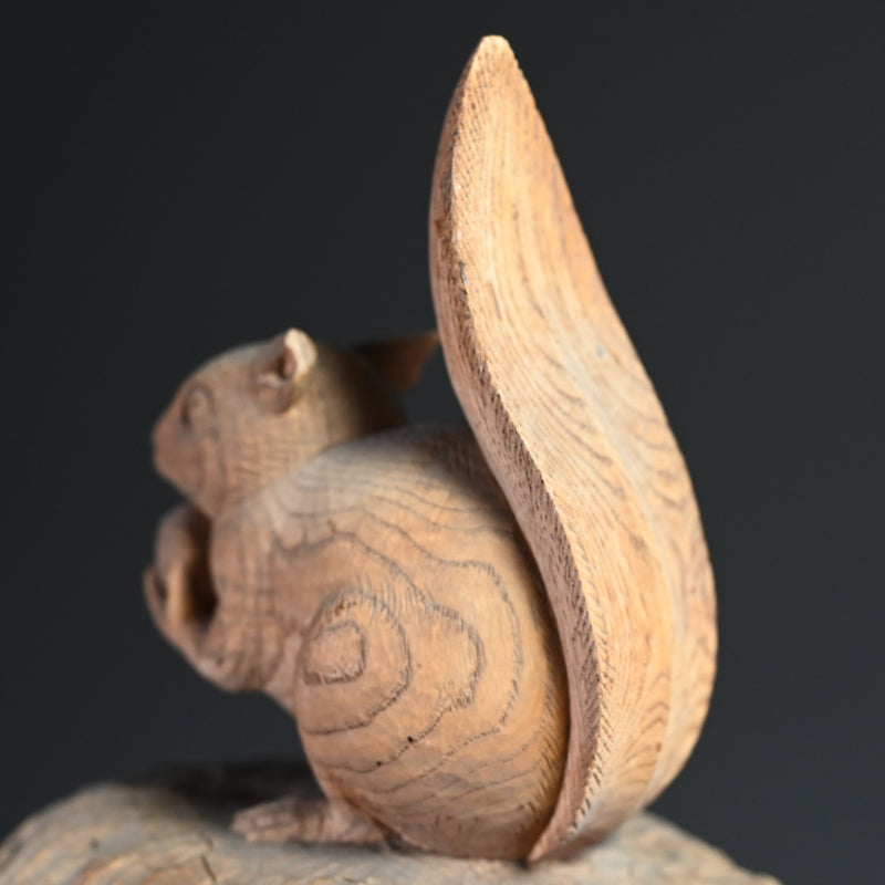 Squirrel on Stump, Antique Japanese Wood Carving