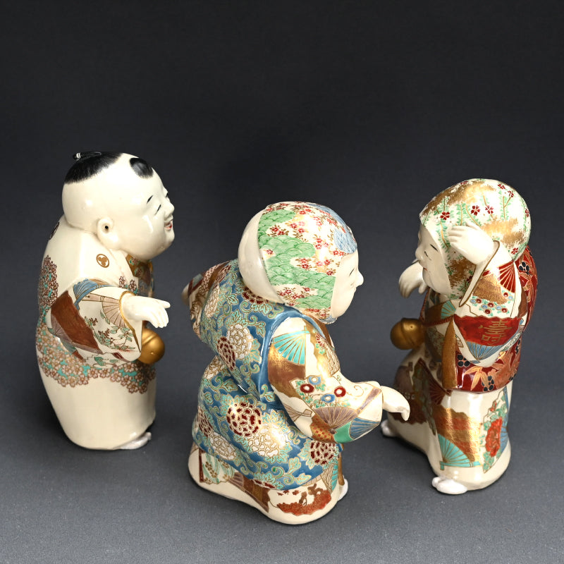 Museum Published Set of 3 Ceramic Okimono ー初代 諏訪蘇山 ”色絵金彩踊置物”