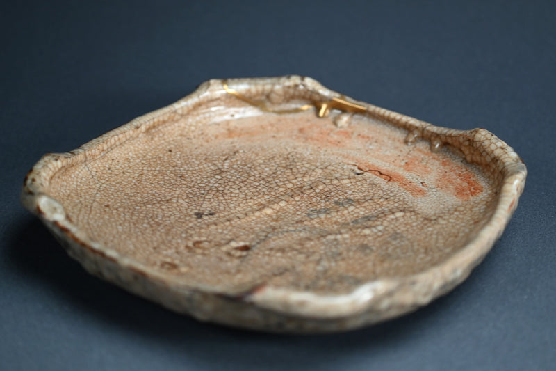 Antique Japanese Shino plate w/ Kintsugi Gold Repair