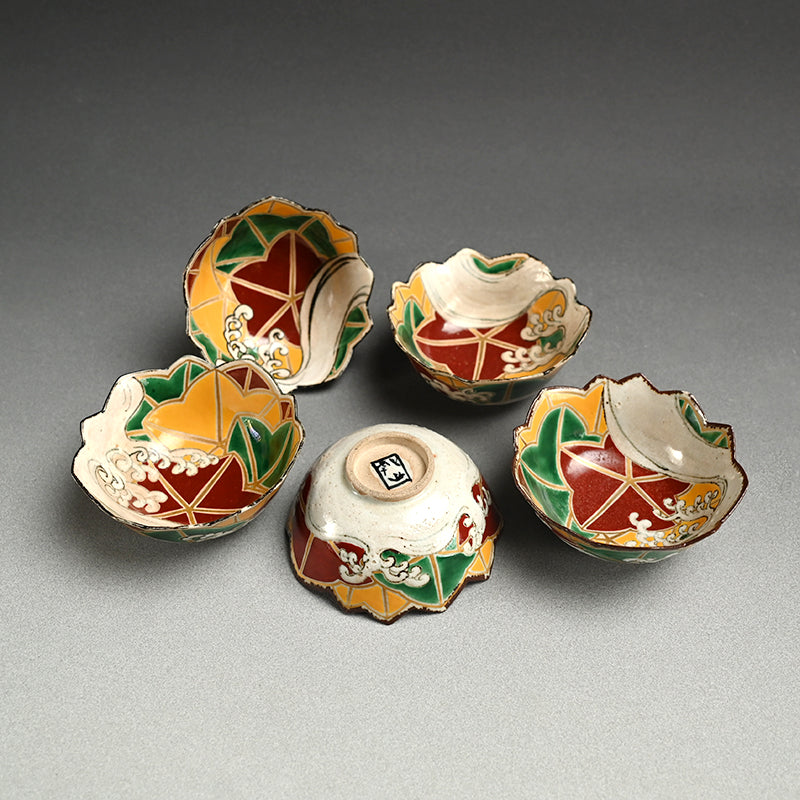Set 5 Maple Leaf Mukozuke Dishes ー宮川 香山 "色絵竜田絵向付"