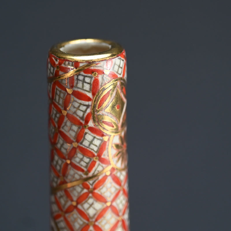 Antique Kyo-Satsuma Style Tsurukubi Ceramic Vase Set
