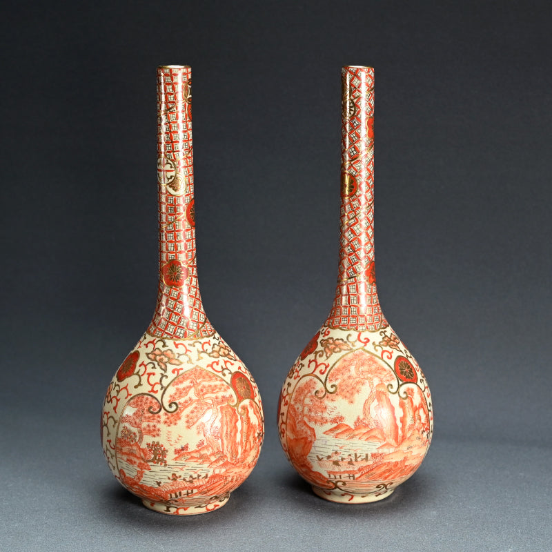 Antique Kyo-Satsuma Style Tsurukubi Ceramic Vase Set
