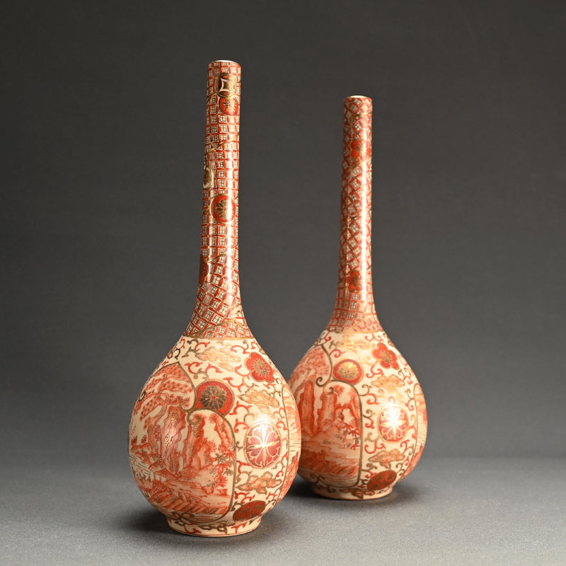 Antique Kyo-Satsuma Style Tsurukubi Ceramic Vase Set