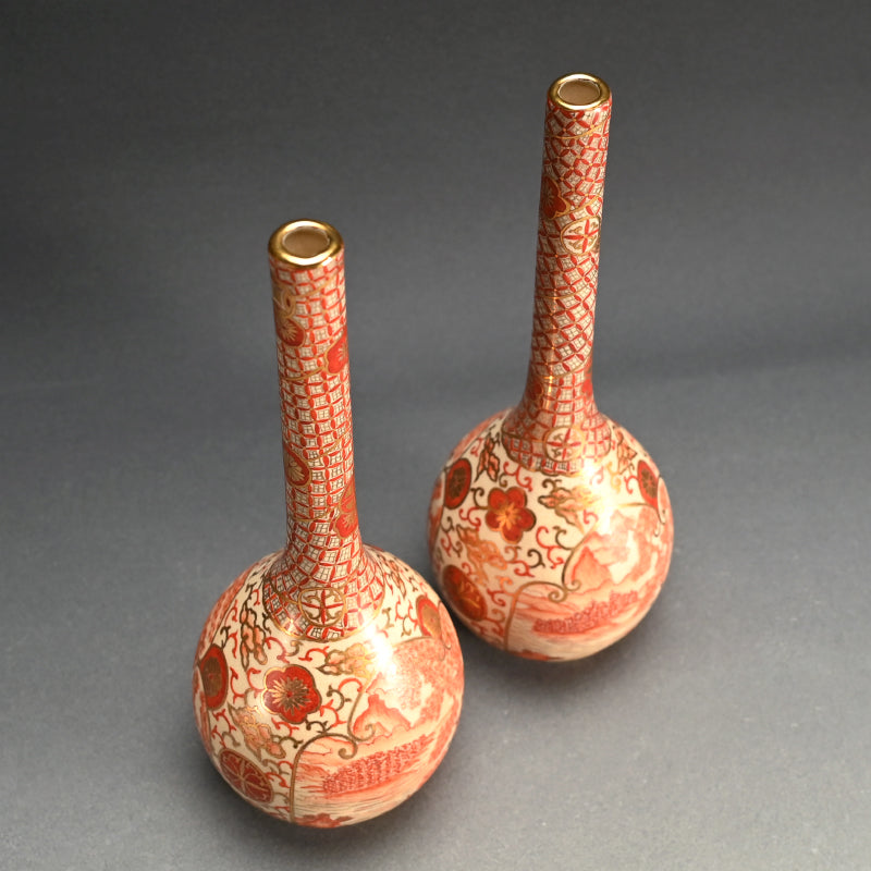 Antique Kyo-Satsuma Style Tsurukubi Ceramic Vase Set