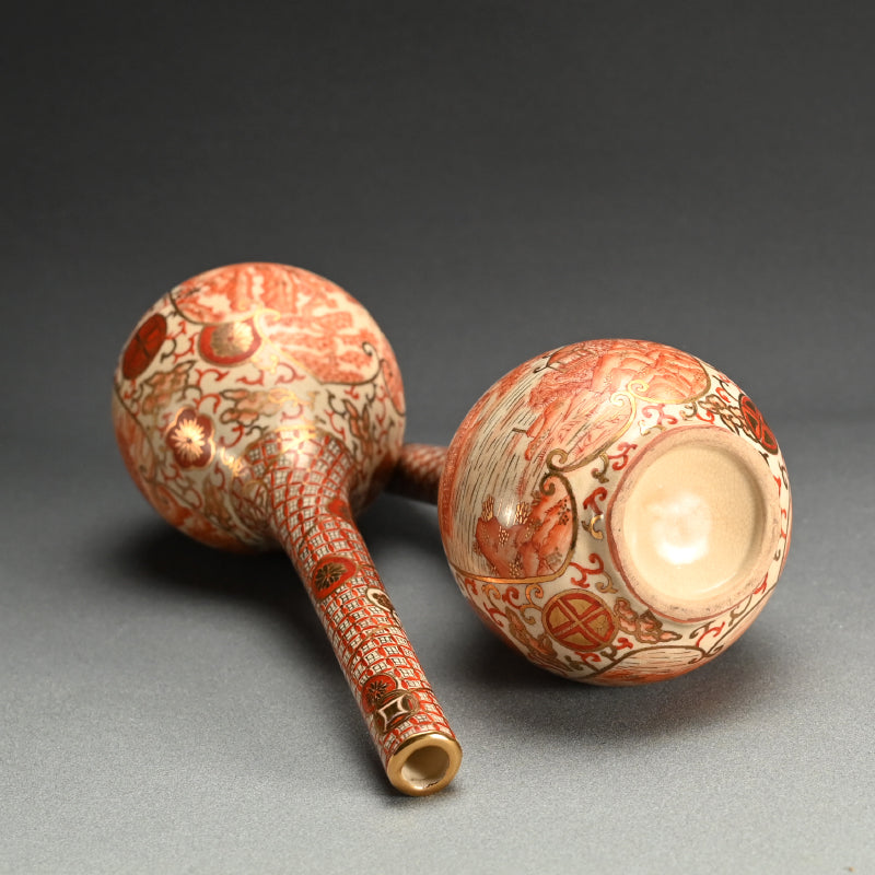 Antique Kyo-Satsuma Style Tsurukubi Ceramic Vase Set