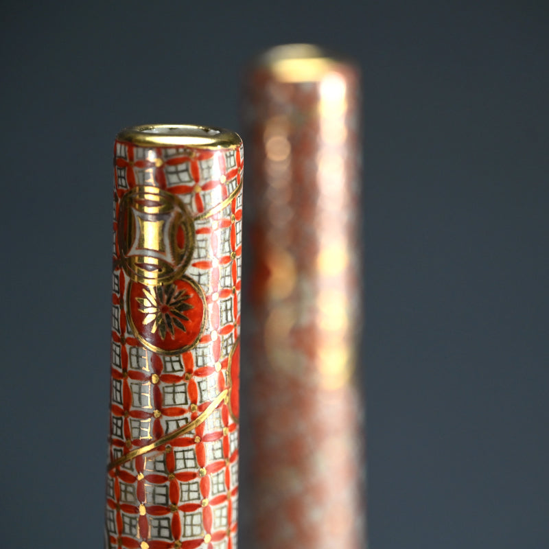 Antique Kyo-Satsuma Style Tsurukubi Ceramic Vase Set