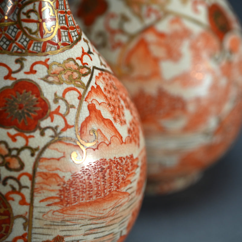 Antique Kyo-Satsuma Style Tsurukubi Ceramic Vase Set
