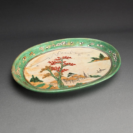 Rare! Awaji yaki Plate ー賀集 珉平 “淡路焼 色絵山水文皿”