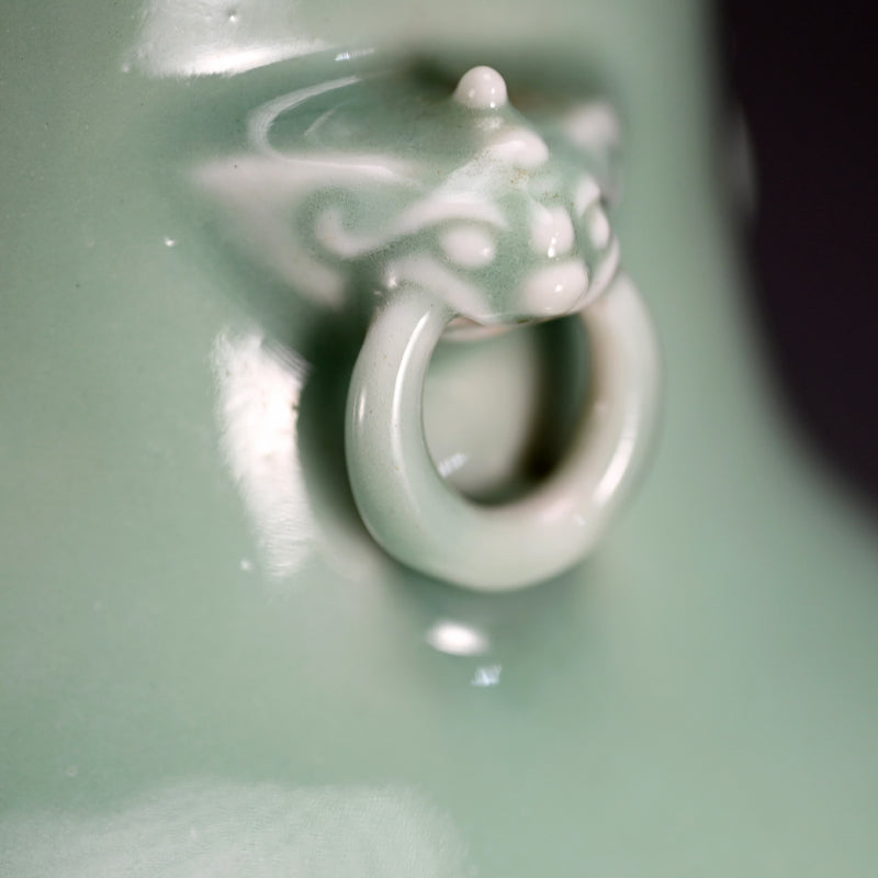 Classic Antique Devil Head Vase ー宮川 香山 "青磁釉 四ッ耳鬼面環花瓶 台付"