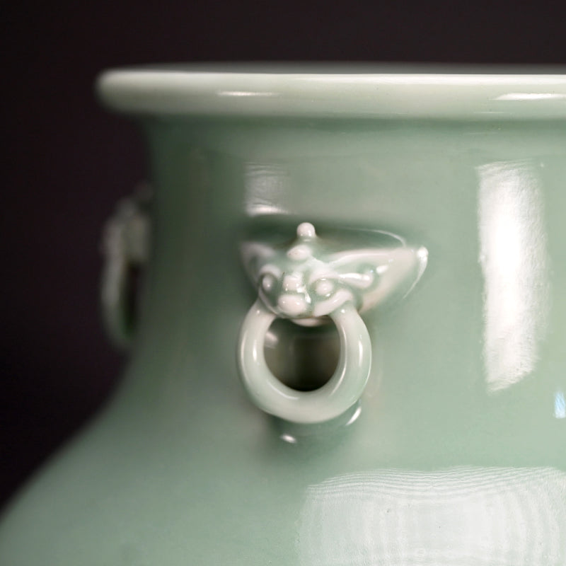 Classic Antique Devil Head Vase ー宮川 香山 "青磁釉 四ッ耳鬼面環花瓶 台付"