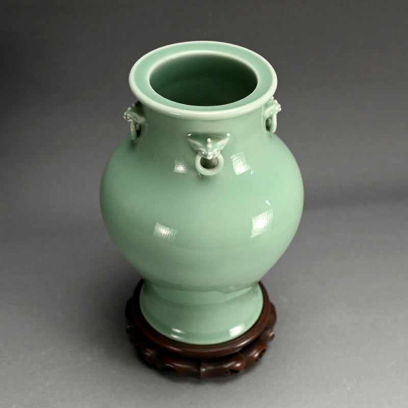 Classic Antique Devil Head Vase ー宮川 香山 "青磁釉 四ッ耳鬼面環花瓶 台付"