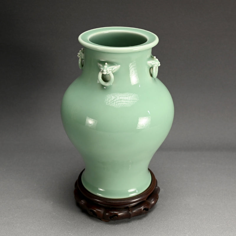 Classic Antique Devil Head Vase ー宮川 香山 "青磁釉 四ッ耳鬼面環花瓶 台付"