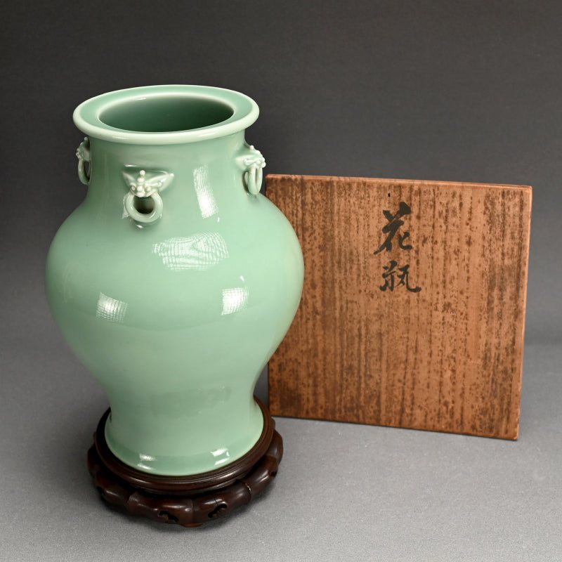 Classic Antique Devil Head Vase ー宮川 香山 "青磁釉 四ッ耳鬼面環花瓶 台付"