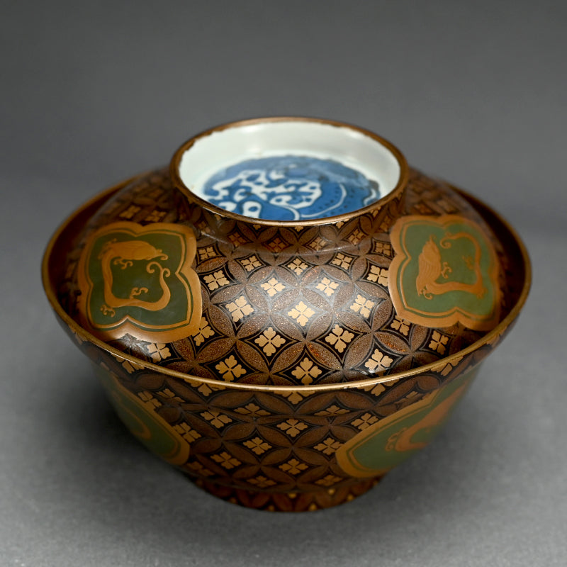 19th c. Japanese Lacquered Porcelain bowl w/ Dragon Designs