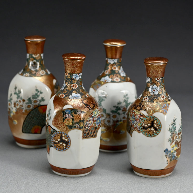 Antique Japanese Porcelain Set of 4 Kutani Tokkuri, Setsuka