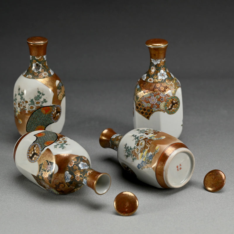 Antique Japanese Porcelain Set of 4 Kutani Tokkuri, Setsuka