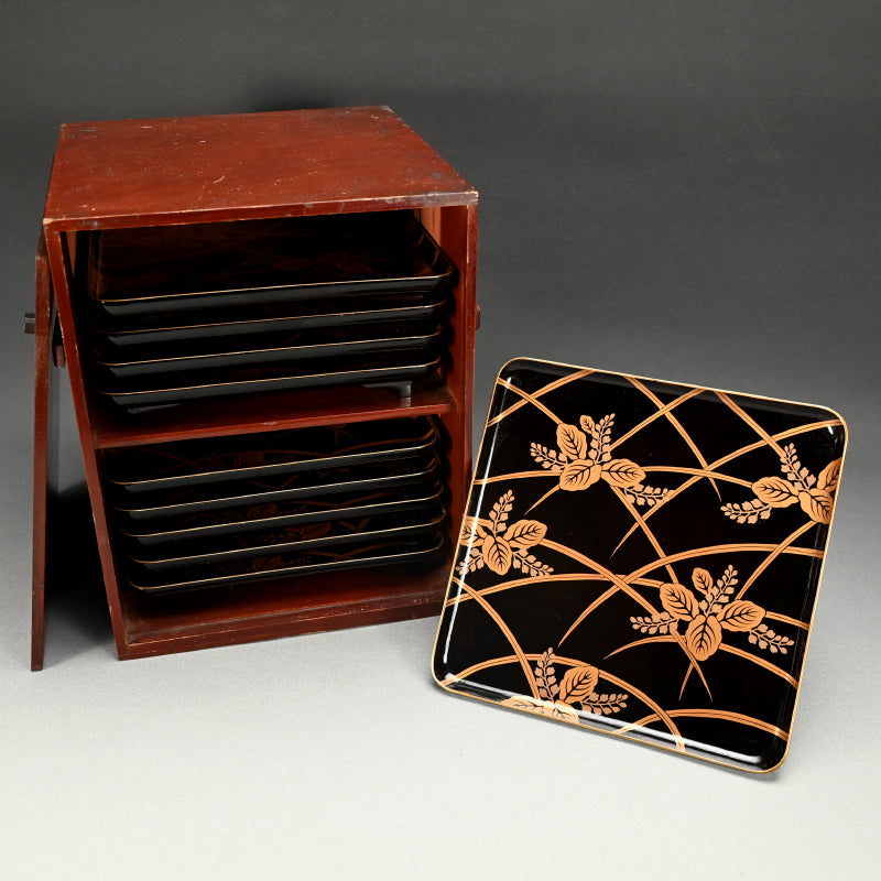 Set 10 Antique Japanese Lacquer Trays, Autumn Grass ー桐の花