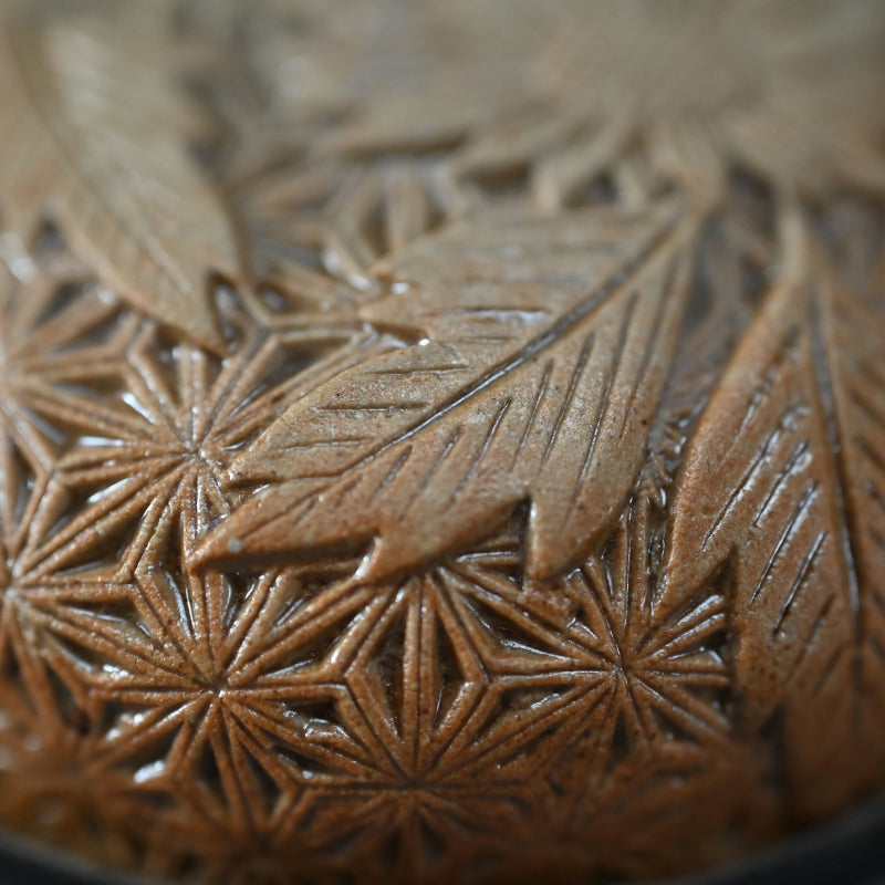 Exquisite Carved Floral Bizen Ceramkic Kogo Incense Case