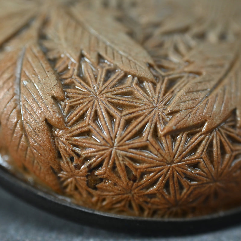 Exquisite Carved Floral Bizen Ceramkic Kogo Incense Case