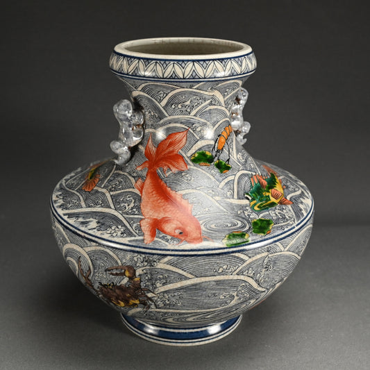 Antique Japanese Vase with Brilliantly Colored Sea Life