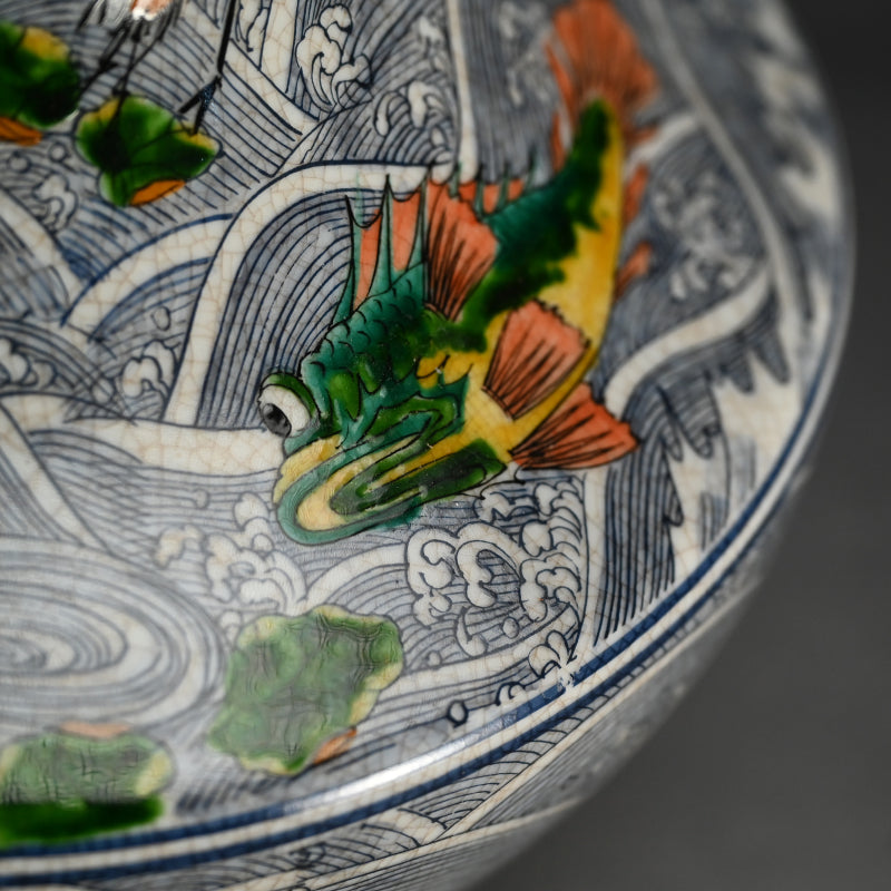 Antique Japanese Vase with Brilliantly Colored Sea Life