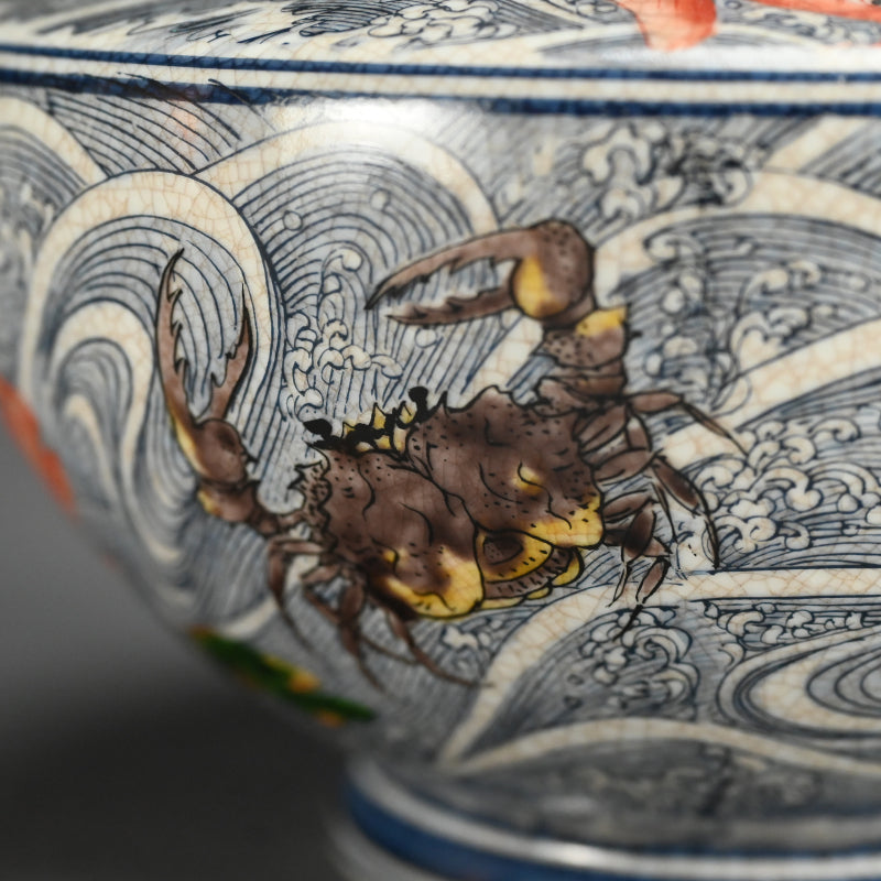 Antique Japanese Vase with Brilliantly Colored Sea Life