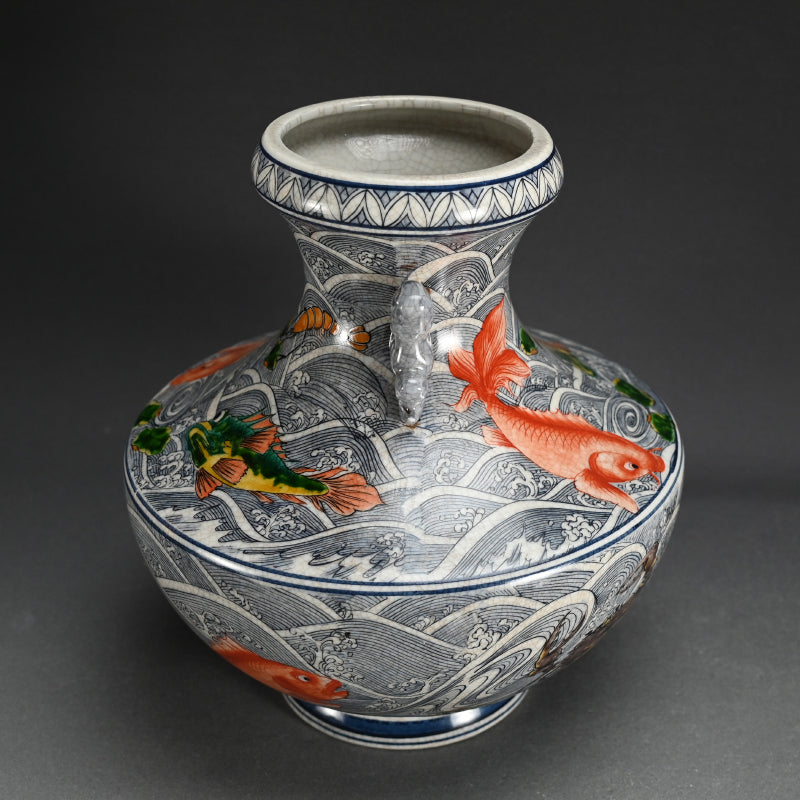 Antique Japanese Vase with Brilliantly Colored Sea Life