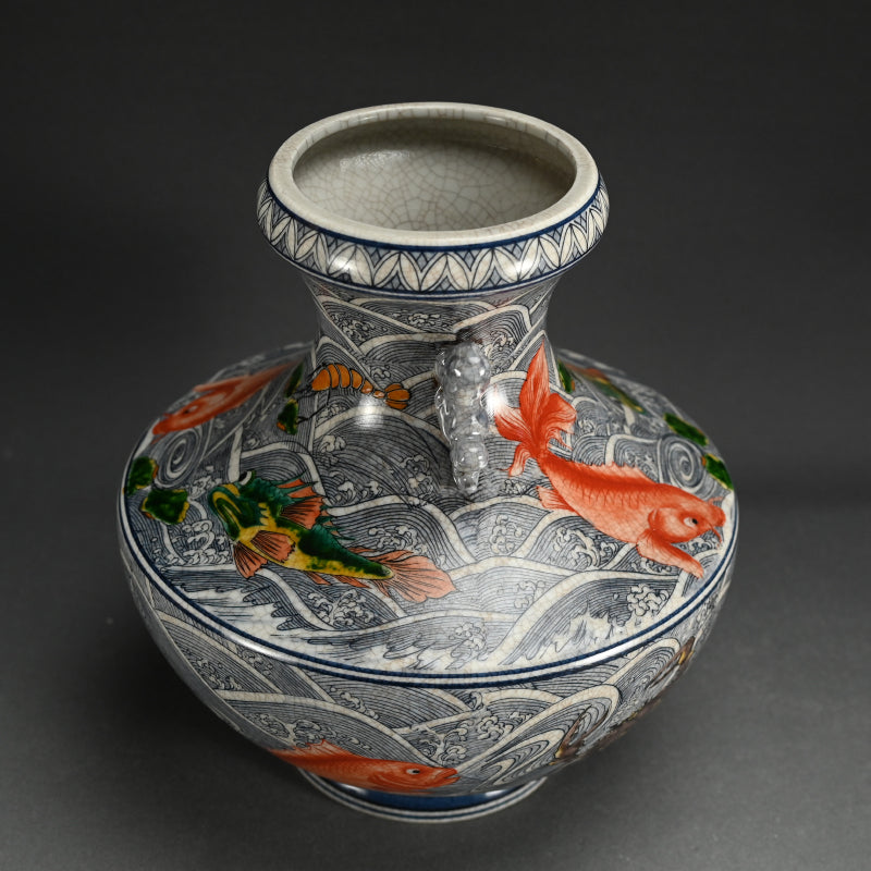 Antique Japanese Vase with Brilliantly Colored Sea Life