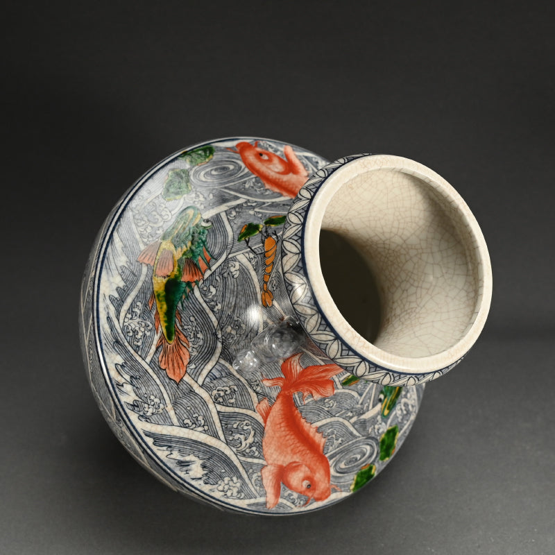 Antique Japanese Vase with Brilliantly Colored Sea Life