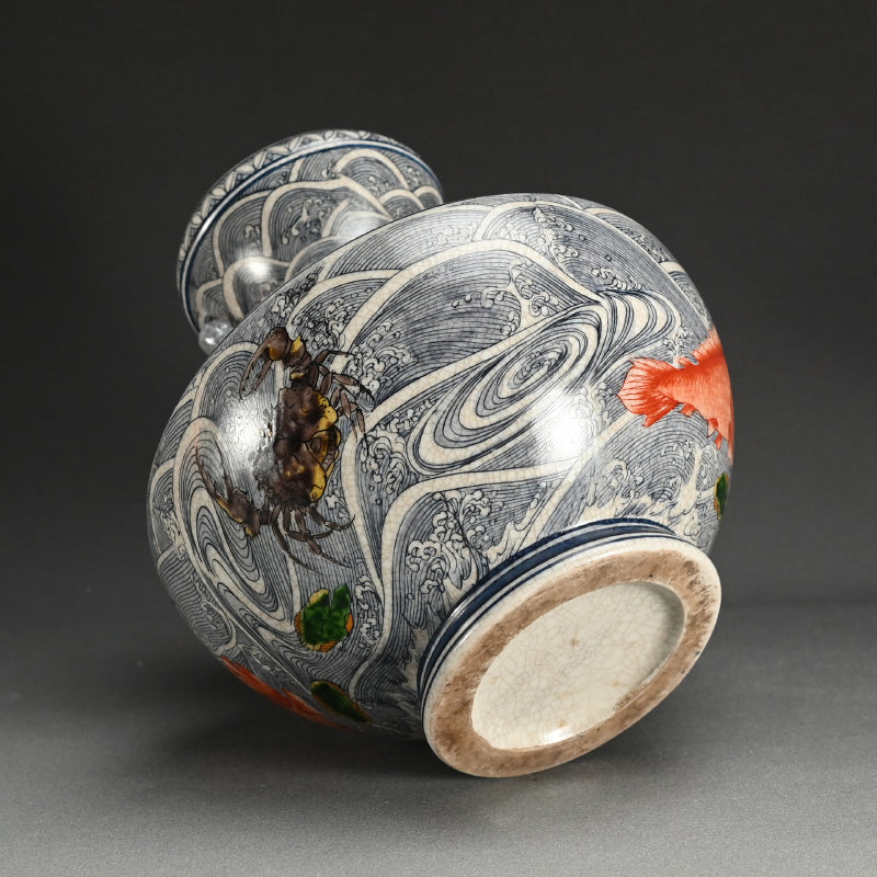 Antique Japanese Vase with Brilliantly Colored Sea Life