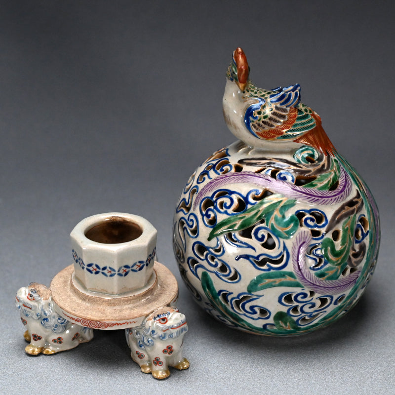 Antique Japanese Pottery Phoenix Koro Incense Burner