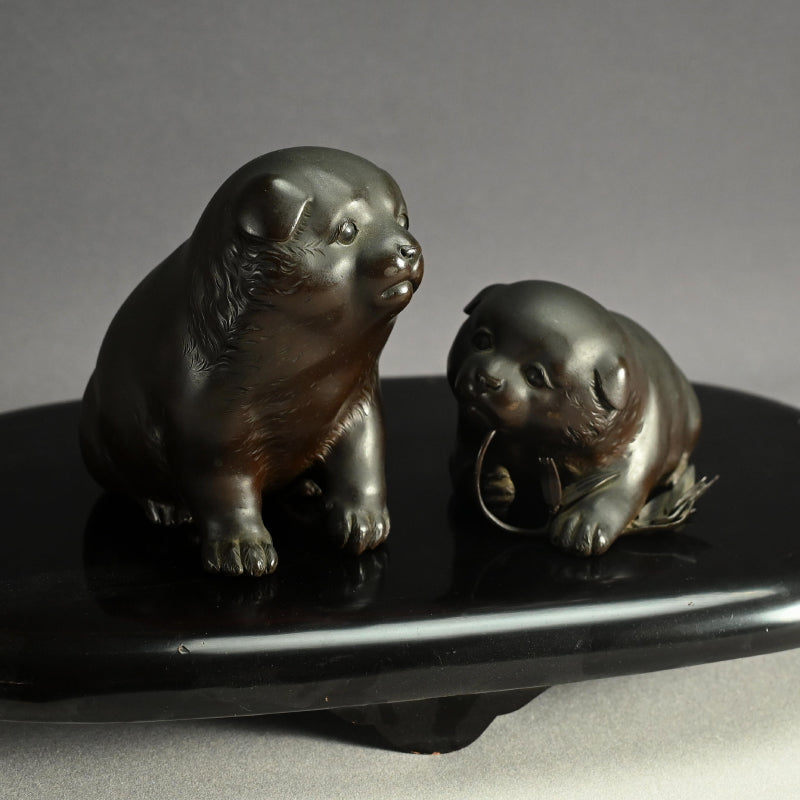 Pair Antique Japanese Bronze Puppies