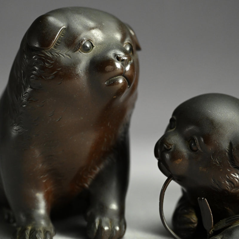 Pair Antique Japanese Bronze Puppies