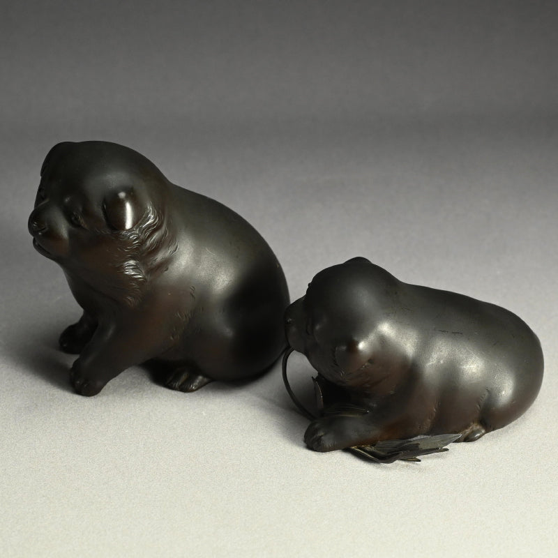 Pair Antique Japanese Bronze Puppies
