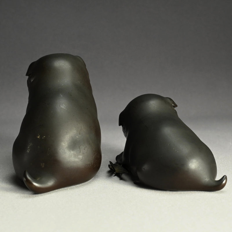 Pair Antique Japanese Bronze Puppies