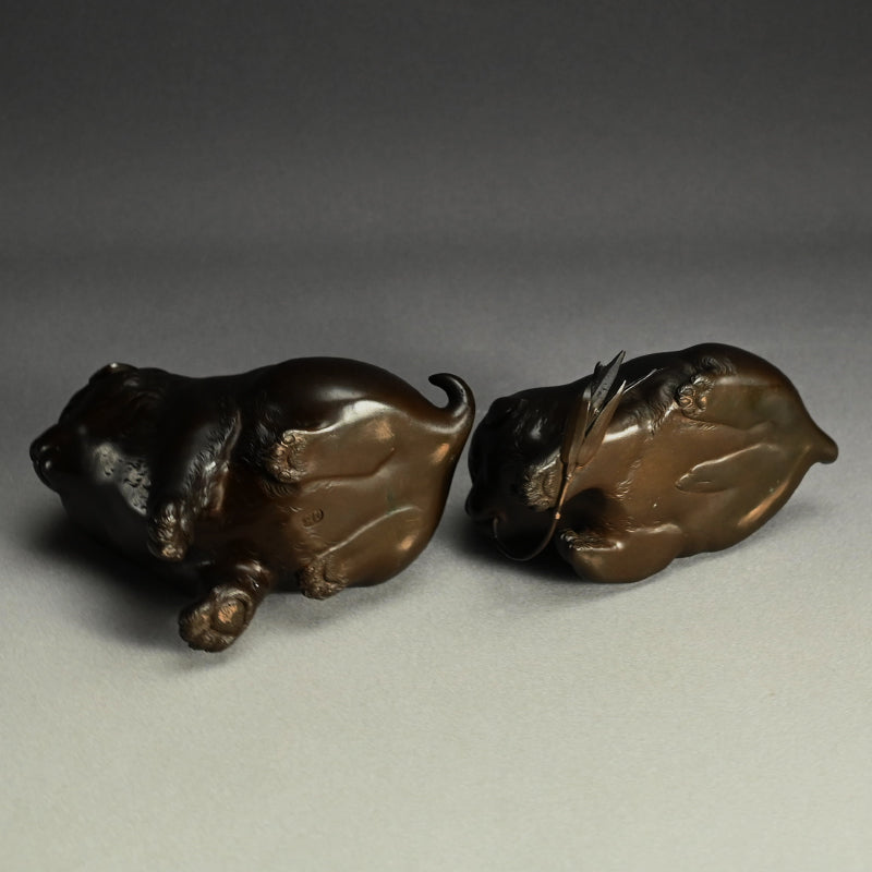 Pair Antique Japanese Bronze Puppies