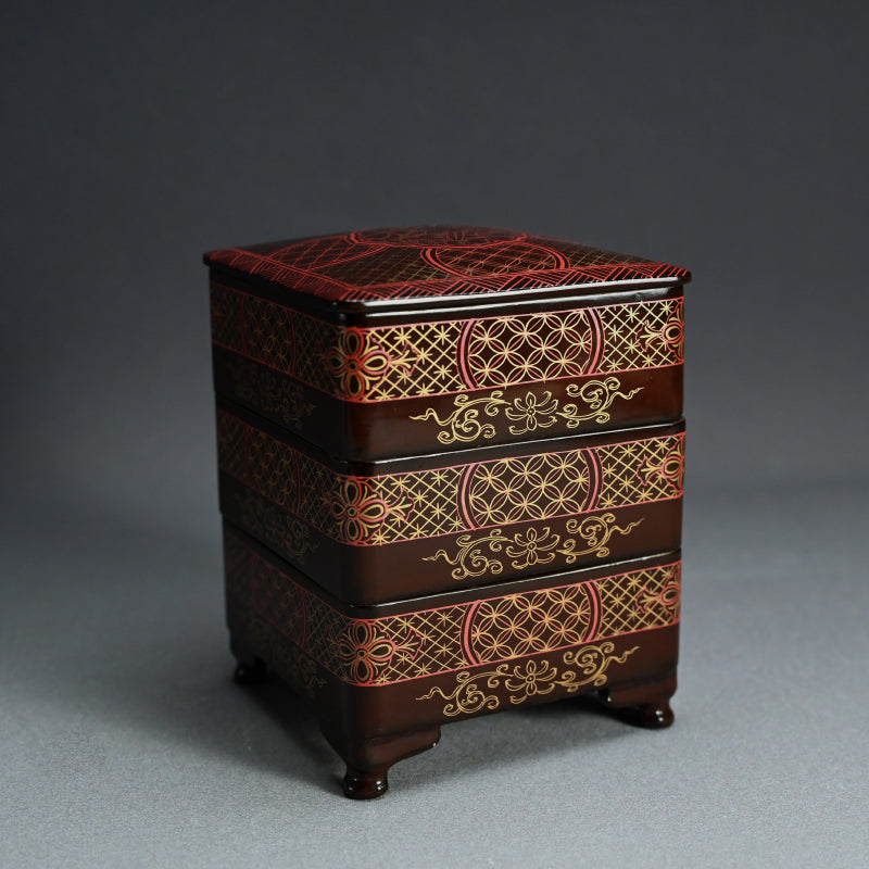 Toyoraku Yaki Lacquered Ceramic Jubako Stacking Box ー豊楽焼重箱