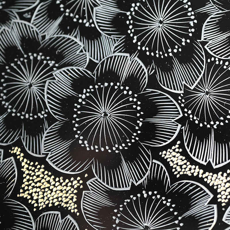 Lacquer Tray Set, Sakura by Living National Treasure ー小森 邦衞 “夜櫻 沈金丸盆”