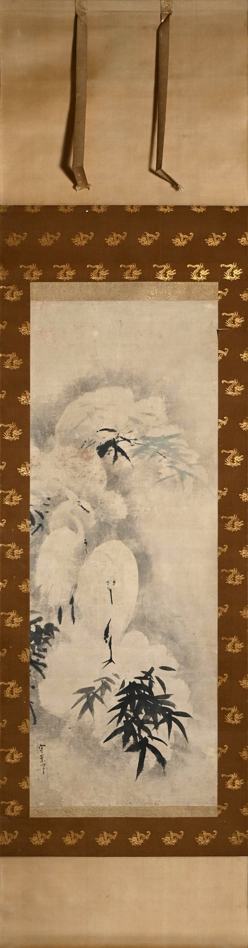Ancient Ink Painting of Egrets in Snow